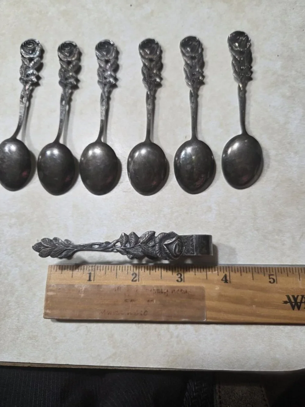 Set 6 Antiko 100 Hildesheimer Rose Collectable Spoons with Sugar Tongs Vintage